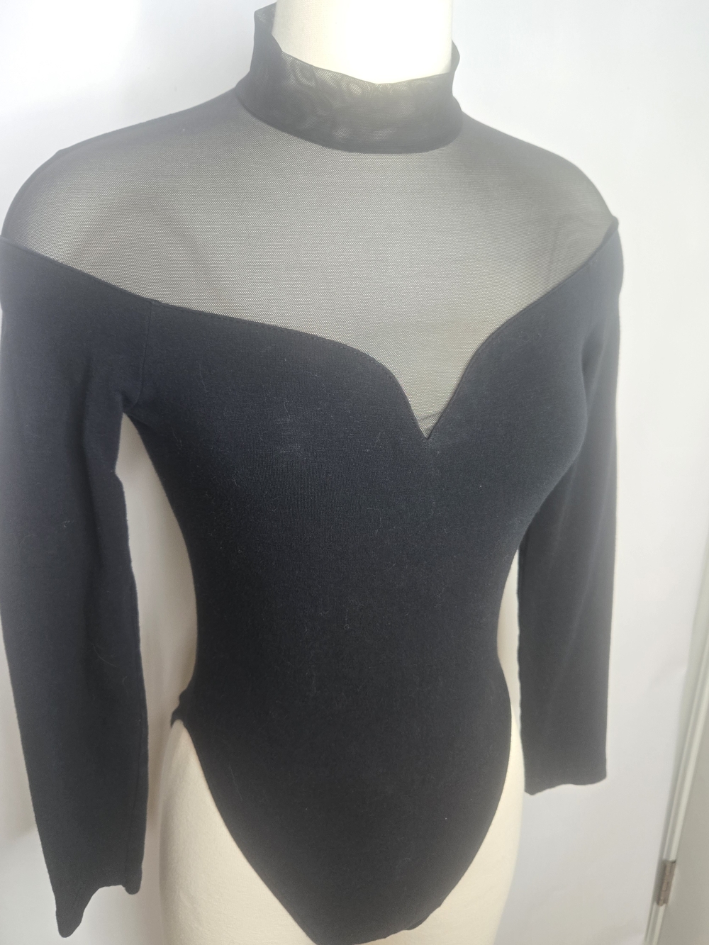 Black Sheer Yoke Off-Shoulder Long Sleeve Bodysuit